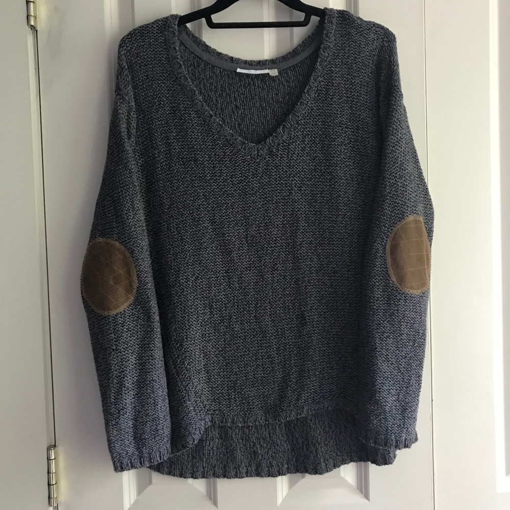 Grey Knit Sweater With Brown Elbow Patches
